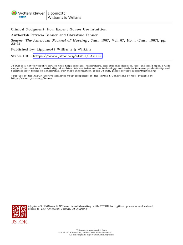 Benner ClinicalJudgmentExpert 1987 | PDF | Intuition | Expert