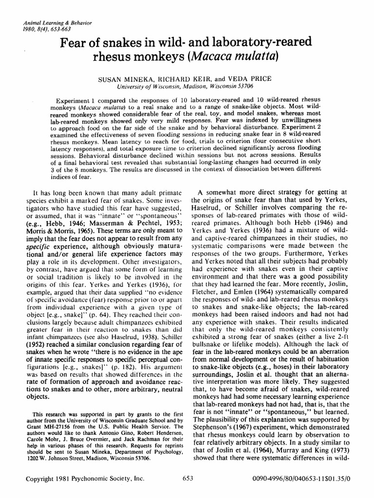 Fear of Snakes in Wild - Andlaboratory-Reared | PDF | Chimpanzee
