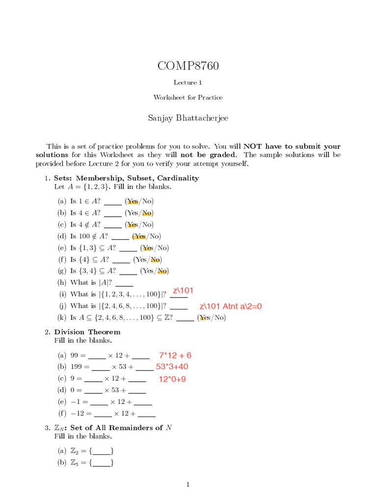 Practice Problems for Sets & Arithmetic | PDF | Mathematical Logic ...