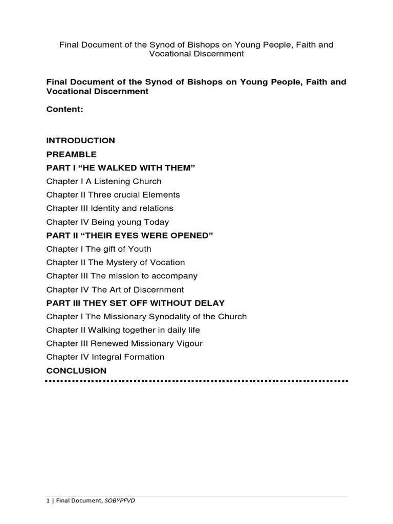 Final Document Of The Synod Of Bishops On Young People Faith And