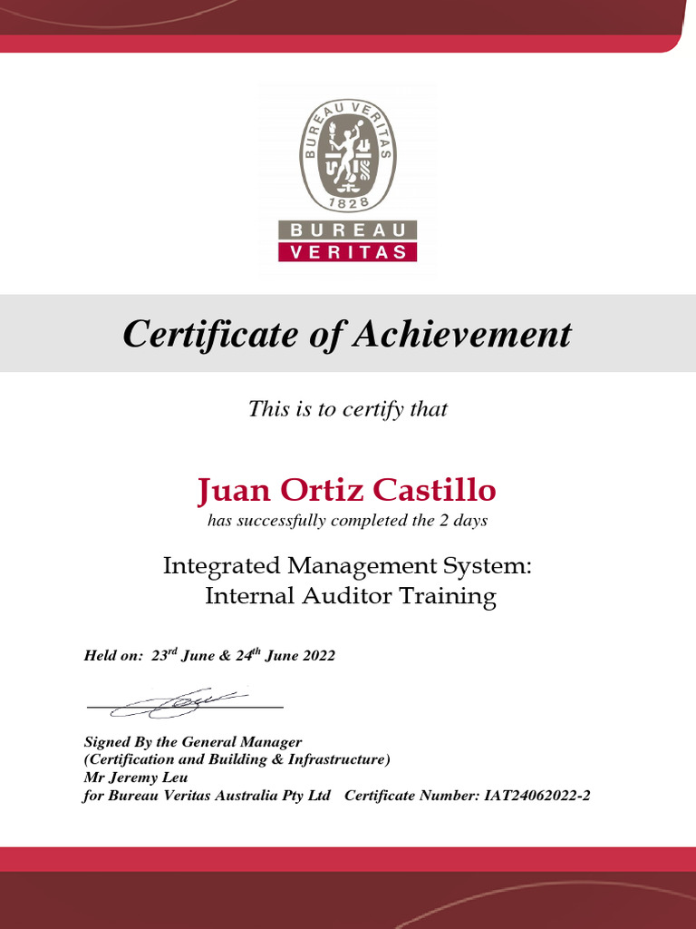 Internal Auditor Training Certificate | PDF