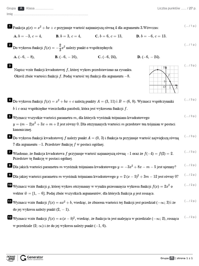 Funkcja Kwadratowa 1 - PD | PDF