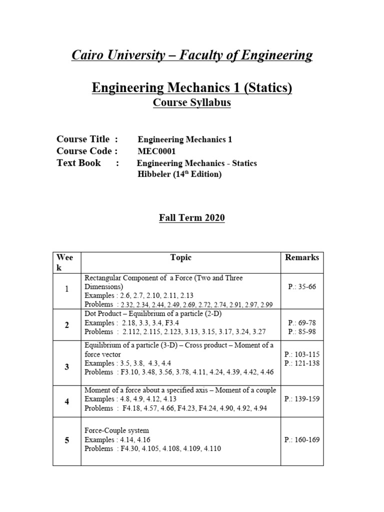Engineering Mechanics 1 Syllabus | PDF | Force | Mechanical Engineering