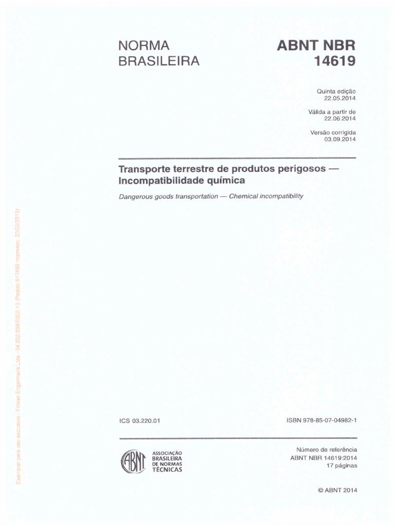 ABNT NBR 14619.2014 Incompatibilidade Transportes | PDF