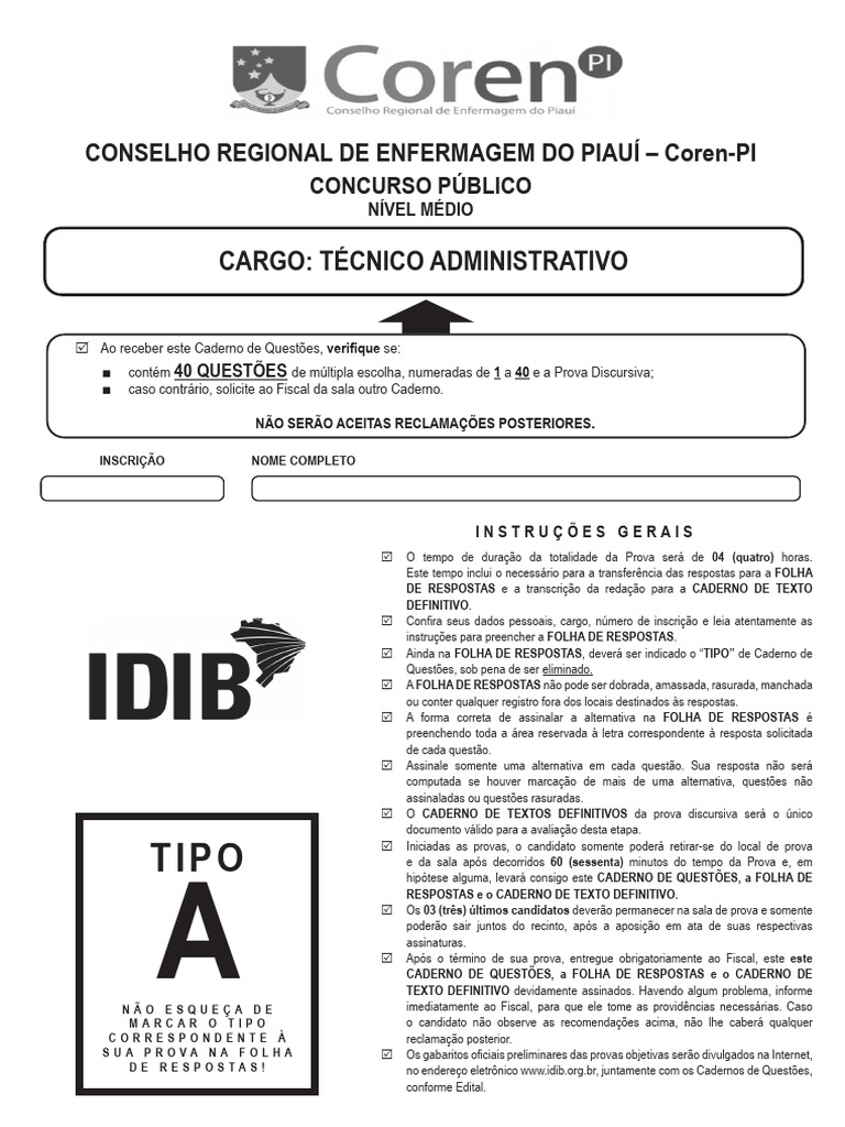 Idib 2023 Coren Pi Tecnico Administrativo Prova | PDF | Gestão de ...