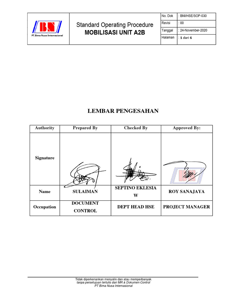 BNI-HSE-SOP-030 Mobilisasi Unit A2B | PDF