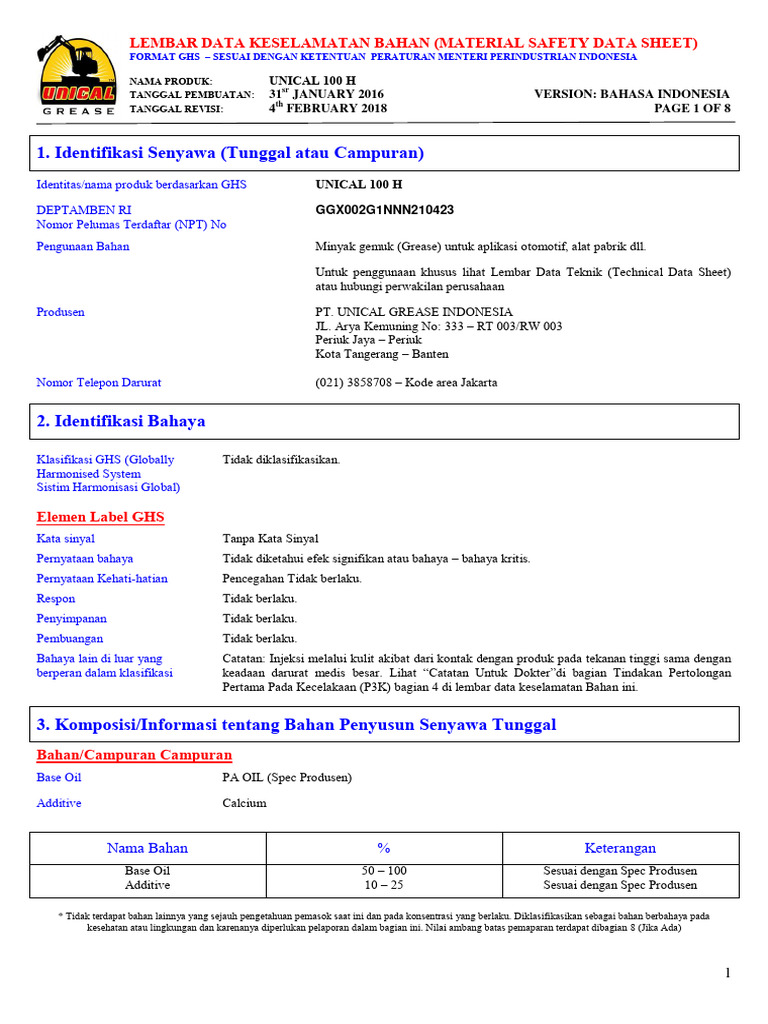 MSDS Unical 100 H untuk Keselamatan | PDF