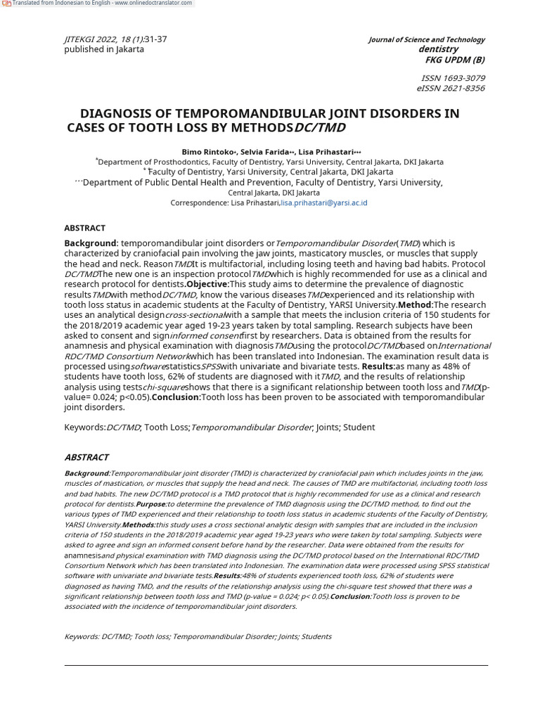 TMD Diagnosis and Tooth Loss in Students | PDF | Dentistry | Health Care