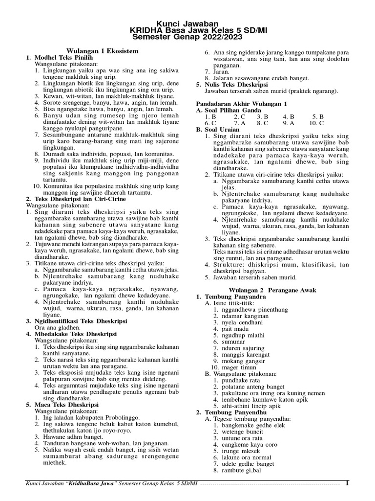 Kunci Kridha Basa 5 Genap 22-23 | PDF