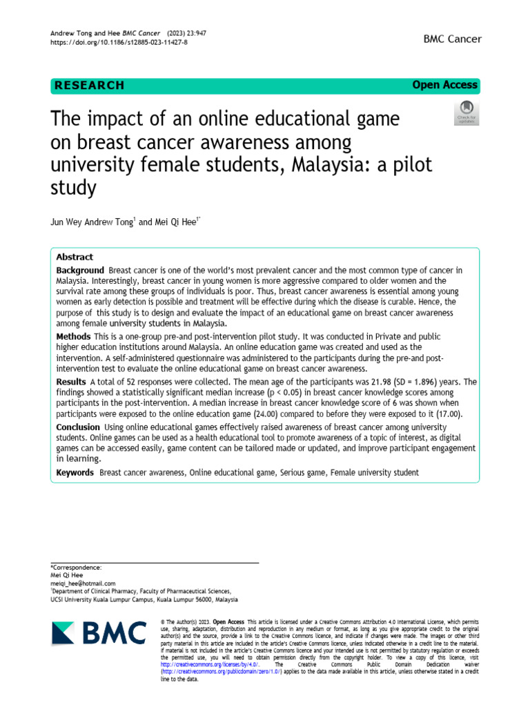 The Impact of An Online Educational Game On Breast Cancer Awareness ...