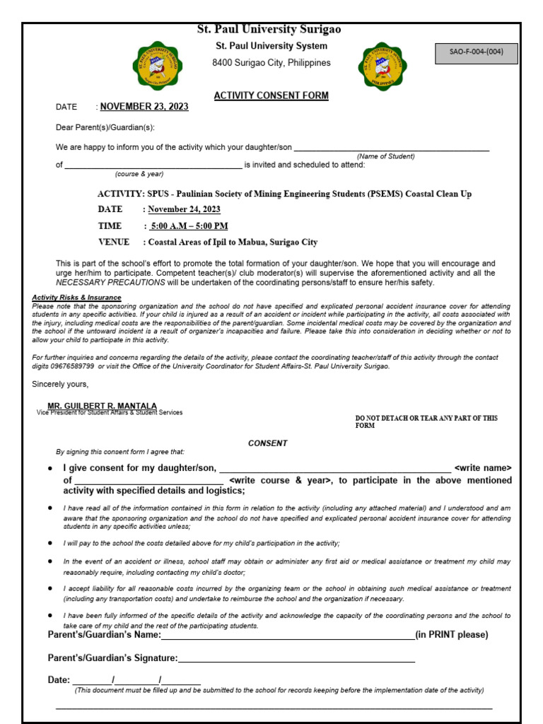 Parental Consent for Coastal Clean Up | PDF | Career & Growth