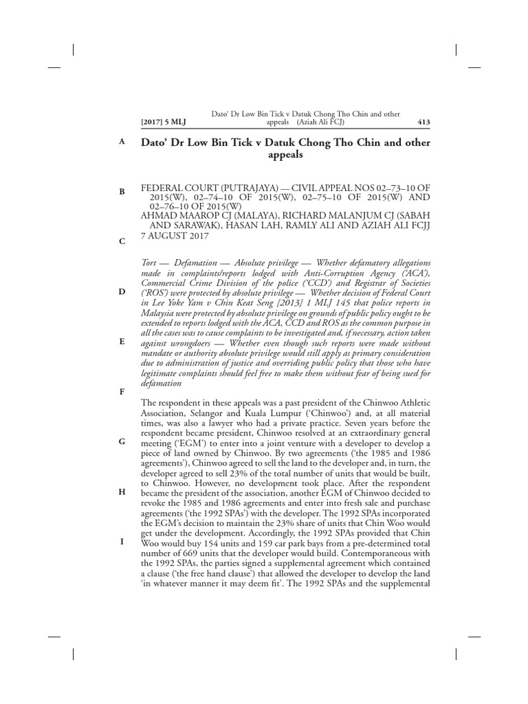 Dato' DR Low Bin Tick V Datuk Chong Tho Chin and Other Appeals PDF