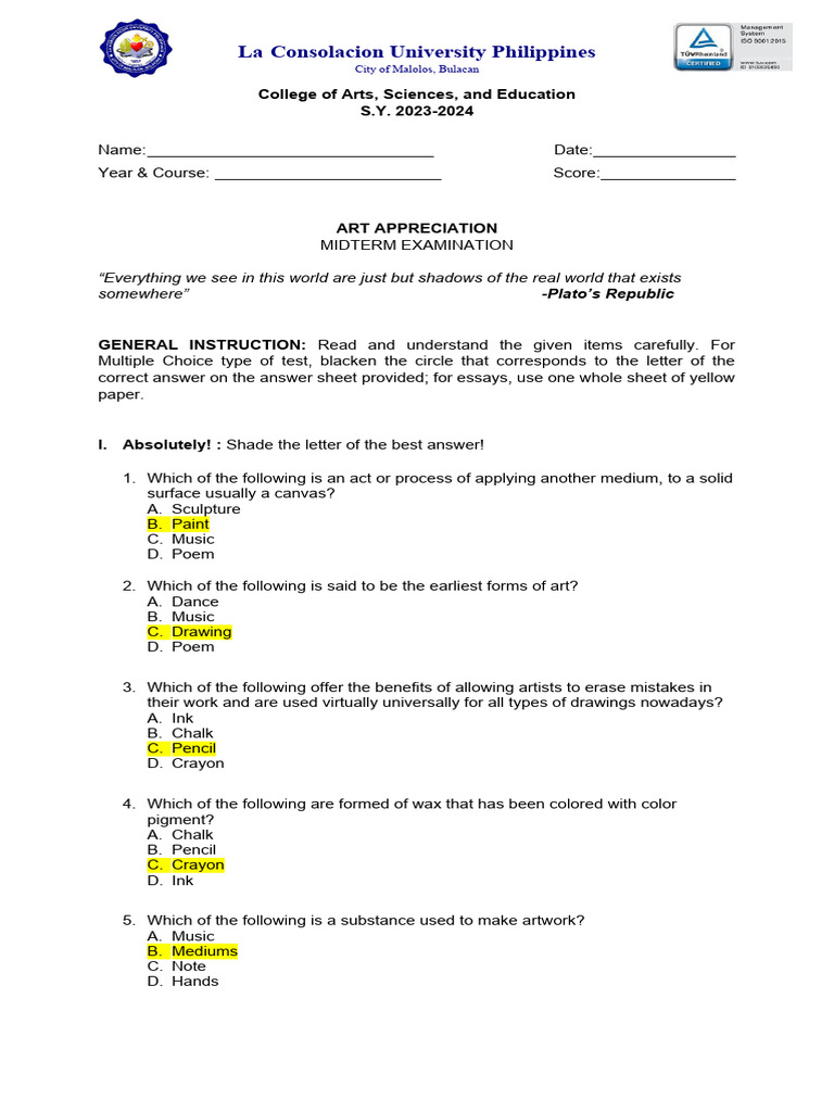 Mr.CrudaMIDTERMExamART APPTQCASE ANSWER KEY PDF Musical Instruments Drawing