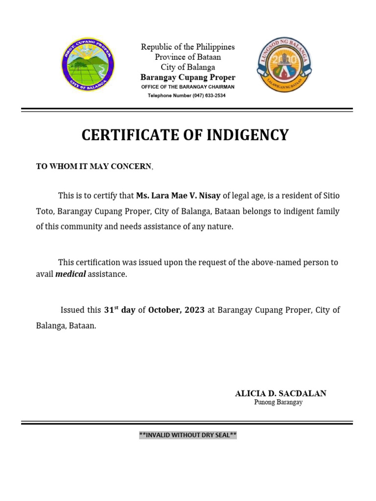 Certificate of Indigency for Medical Aid | PDF