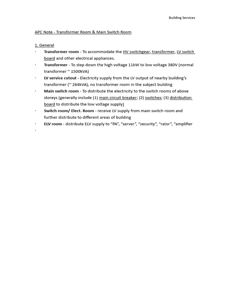 Key notes transformer room and main switch room pdf