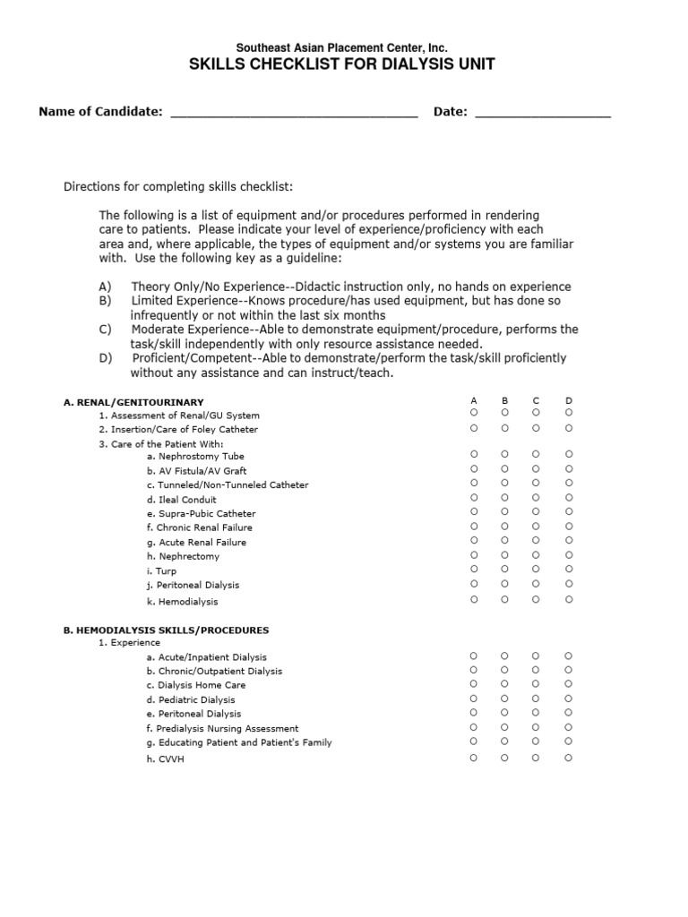 Dialysis Checklist PDF Hemodialysis Cardiovascular System