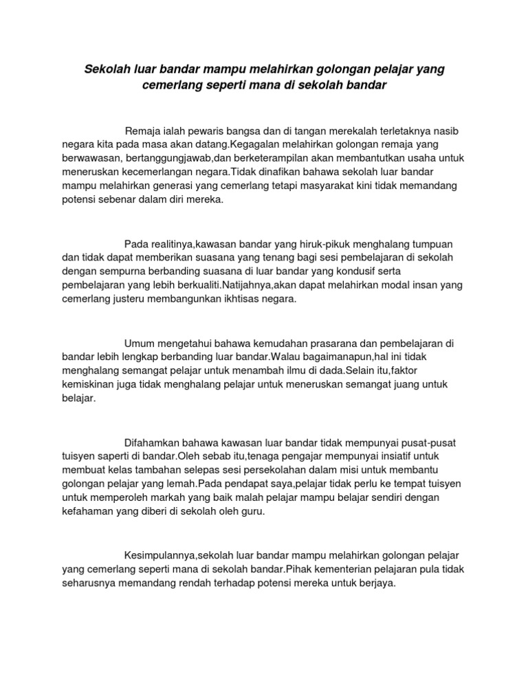 Sekolah Luar Bandar Lebih Berpontensi Untuk Melahirkan Pelajar Yang Cemerlang Berbanding Sekolah Bandar Pdf