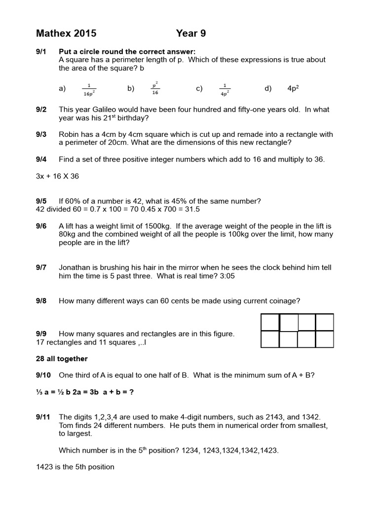Mathex Year 9 2015 Final | PDF | Mathematics | Elementary Mathematics