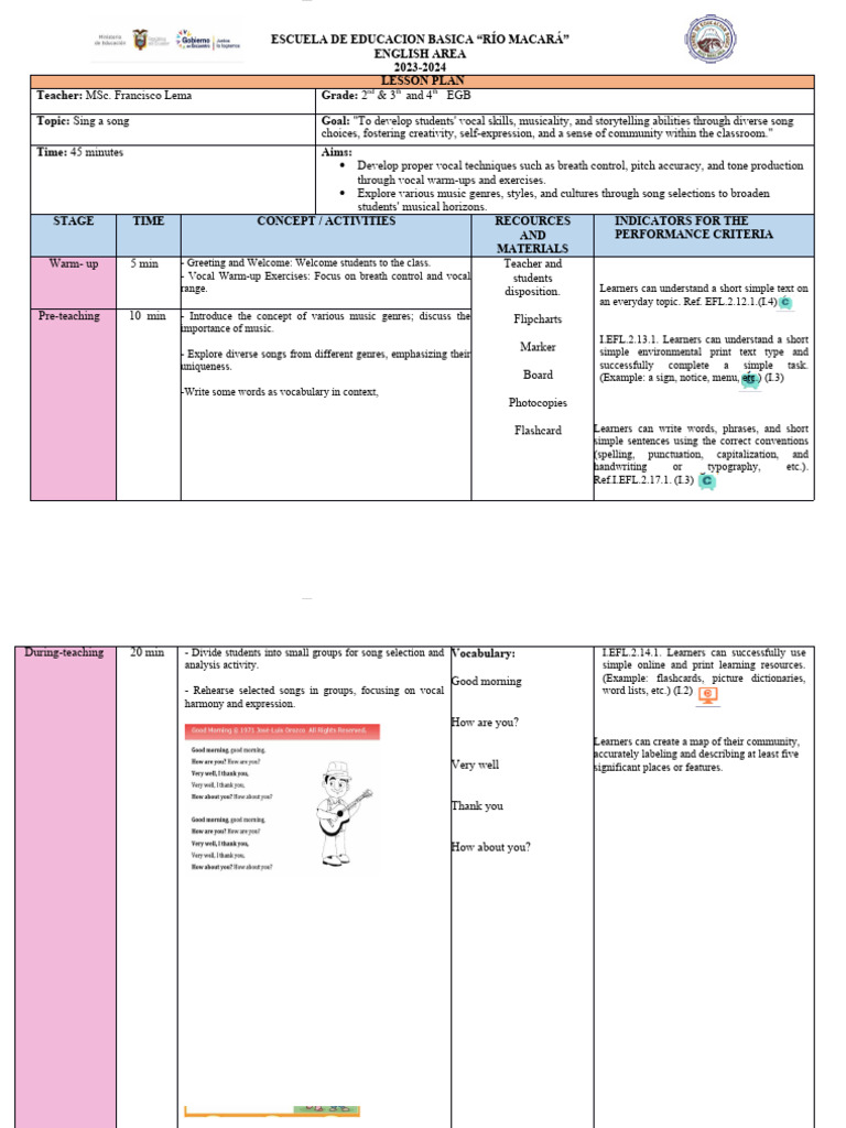 English Lesson Plan: Singing Skills EGB | PDF | Flashcard | Learning