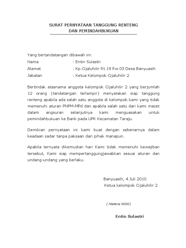 Surat Prnyataan Tanggung Renteng | PDF