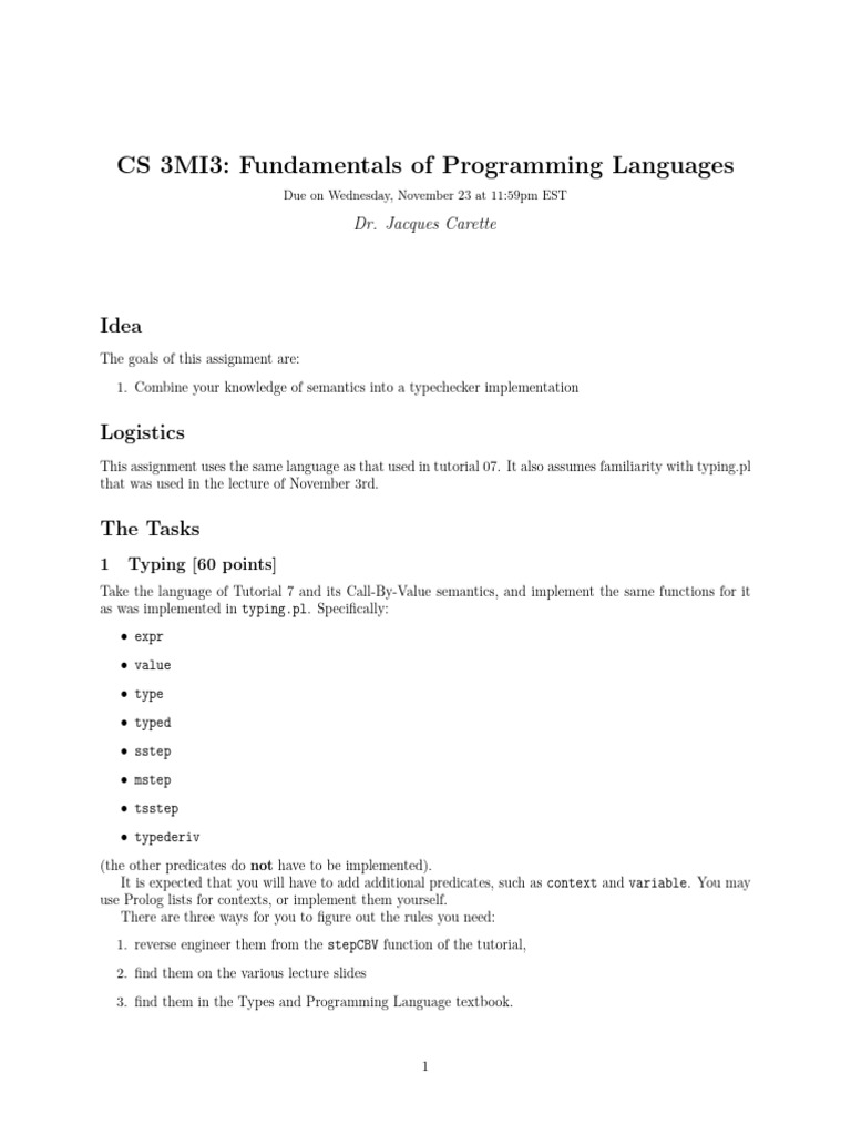 CS 3MI3: Fundamentals of Programming Languages: Dr. Jacques Carette ...