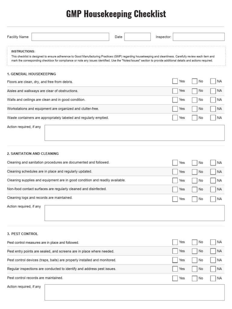 GMP Housekeeping Checklist Download Free PDF Housekeeping