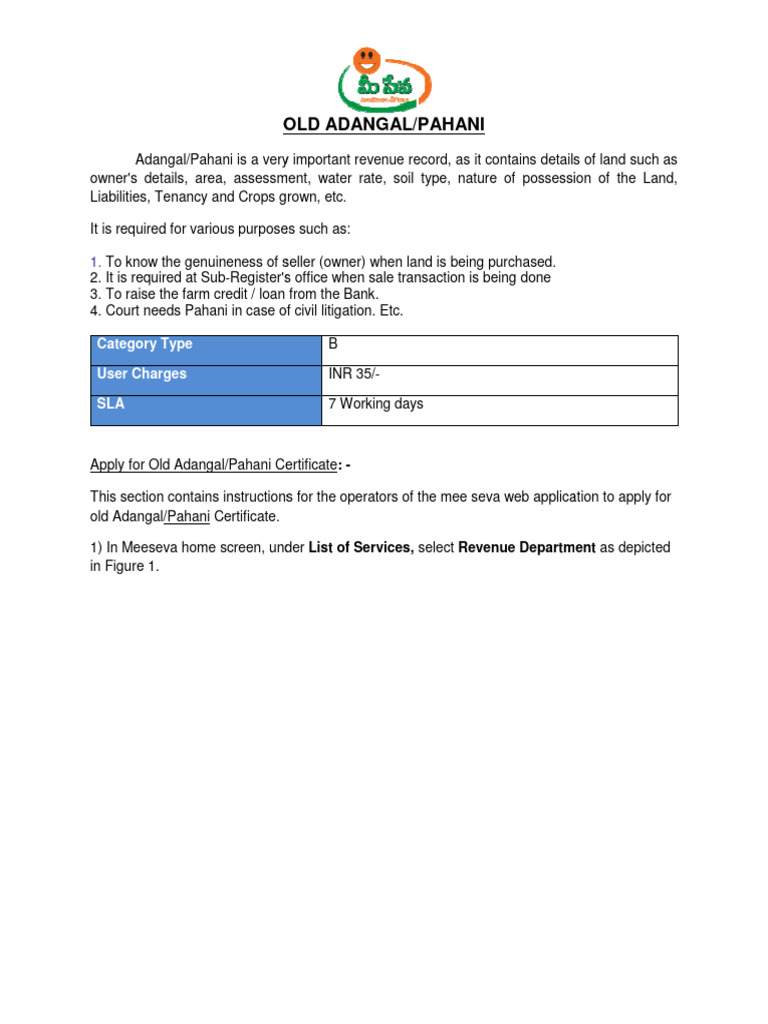 MEESEVA User Manual For KIOSKS Ver 1.1 MeeSeva End - Old Adangal or ...