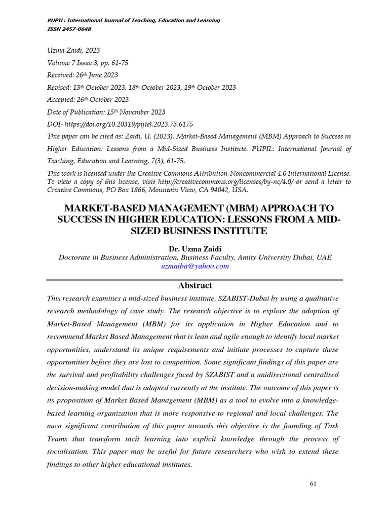 MarketBased Management (MBM) Approach To Success in Higher Education