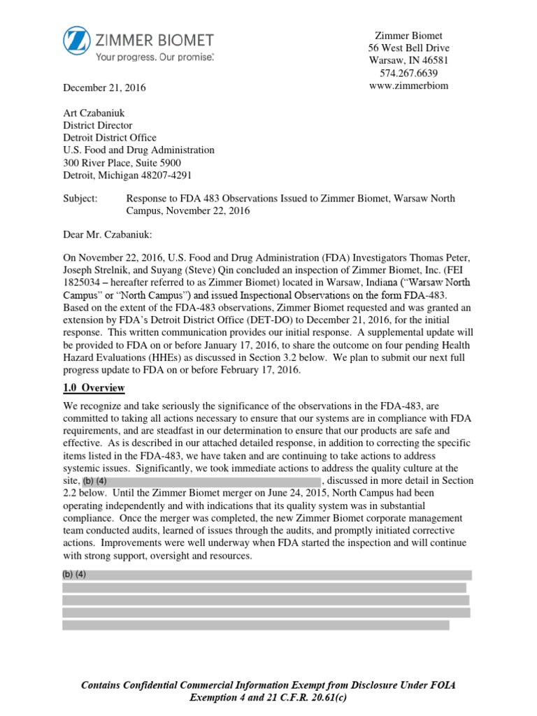 Zimmer Biomet Inc. Warsaw in 483 Response | PDF | Quality Management System