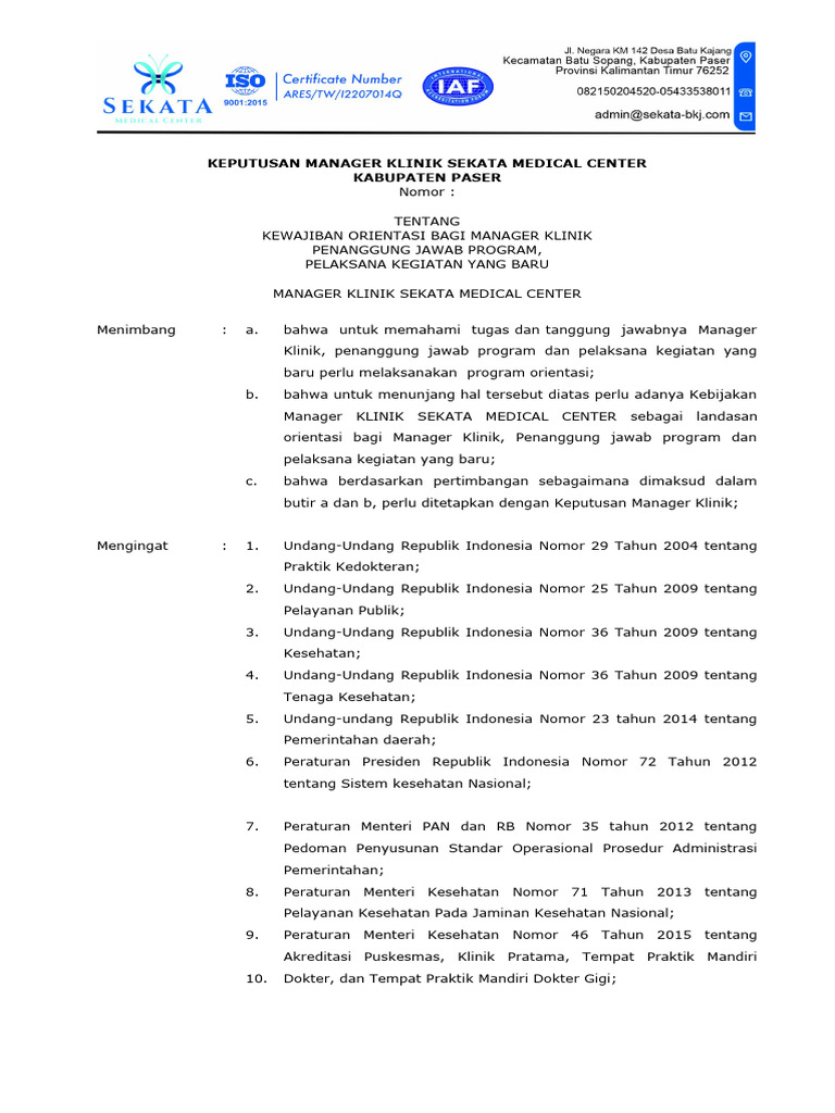 Orientasi Manajer Klinik Sekata | PDF