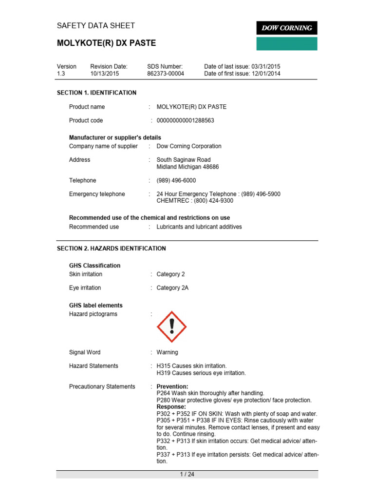 633F14 Molykote by Dow Corning SDS PDF