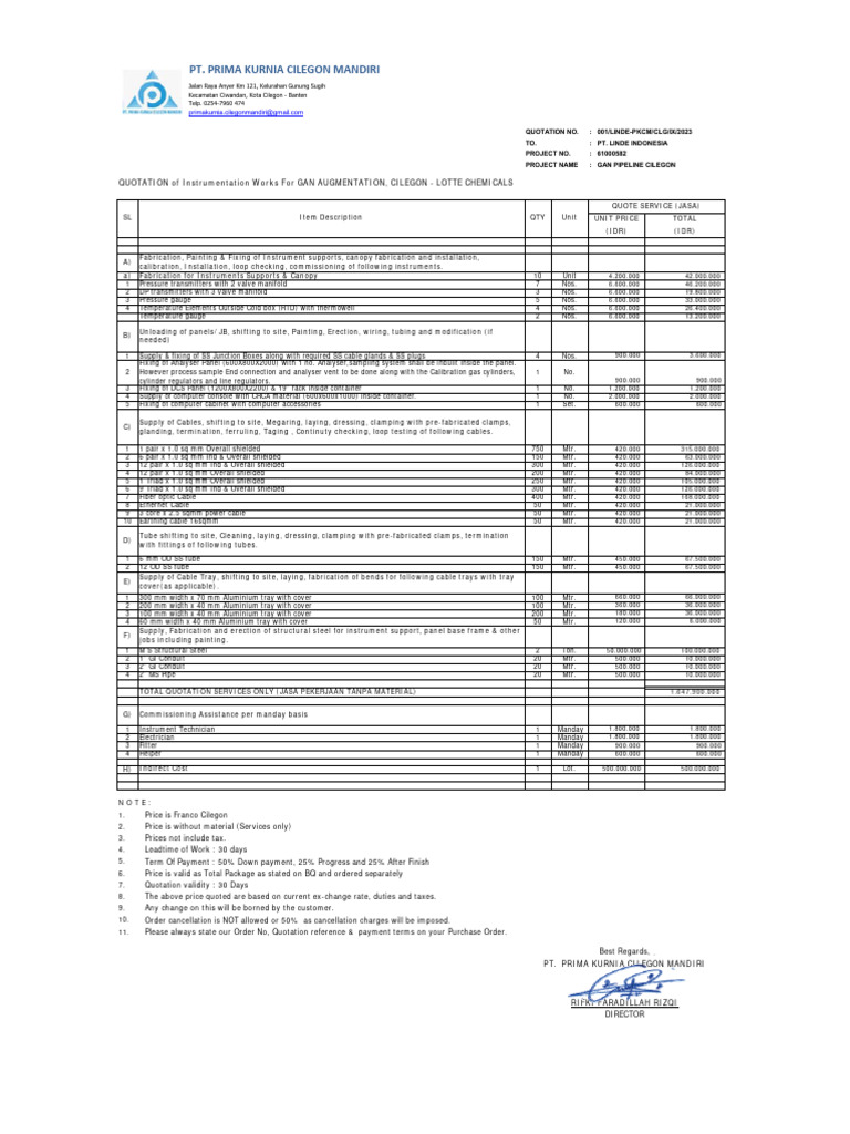 Quotation of Instrument Work | PDF | Pipe (Fluid Conveyance ...