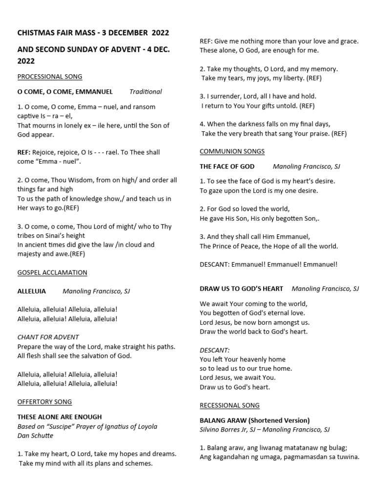 Songs for christmas fair mass and second sunday of advent 3 and 4