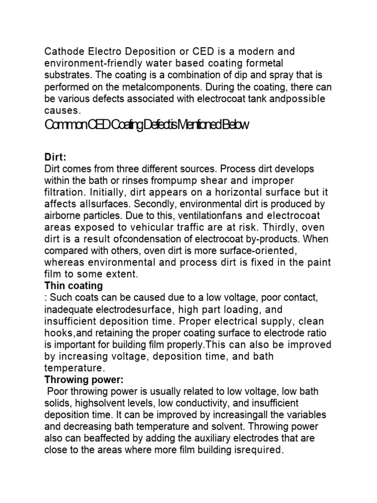 CED Coating Defects and Solutions | PDF | Technology & Engineering