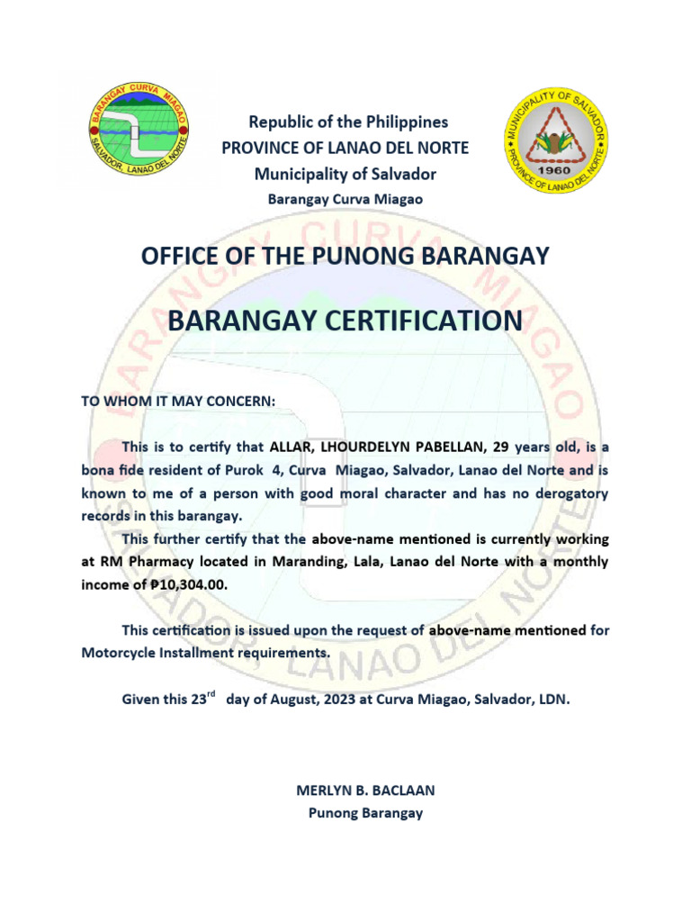 Barangay Certification For Monthly Income PDF Barangay Certification For Monthly Income PDF