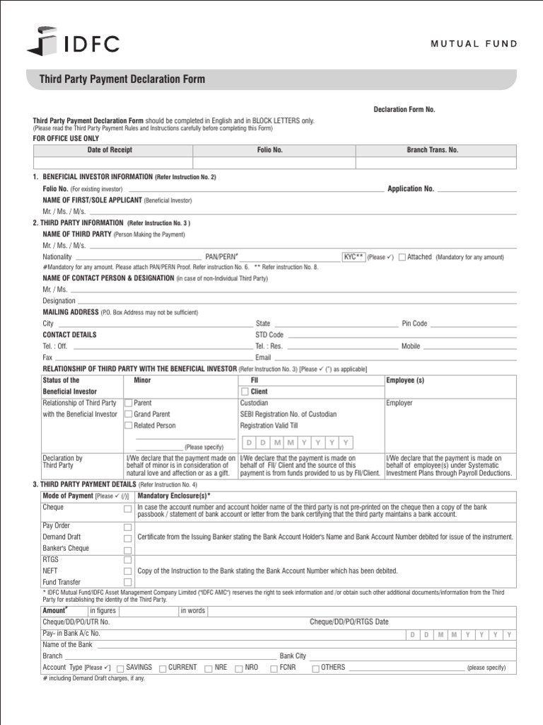 3rd party payment declaration form_idfc | PDF | Cheque | Banks