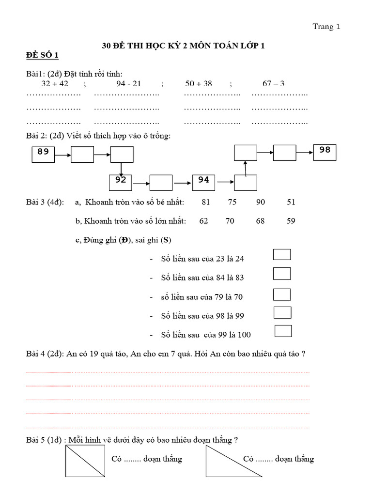 30 de Thi Hoc Ki 2 Mon Toan Lop 1 8 | PDF