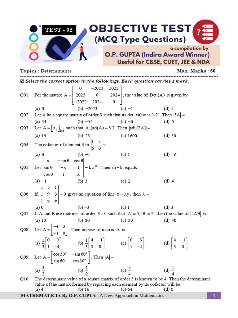 2 MCQ Determinants PDF Determinant Matrix (Mathematics)