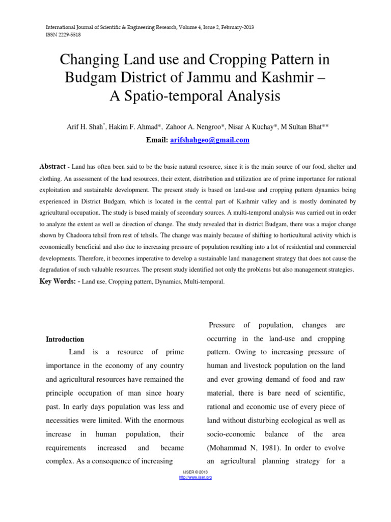 Changing Land Use and Cropping Pattern in Budgam District of Jammu and