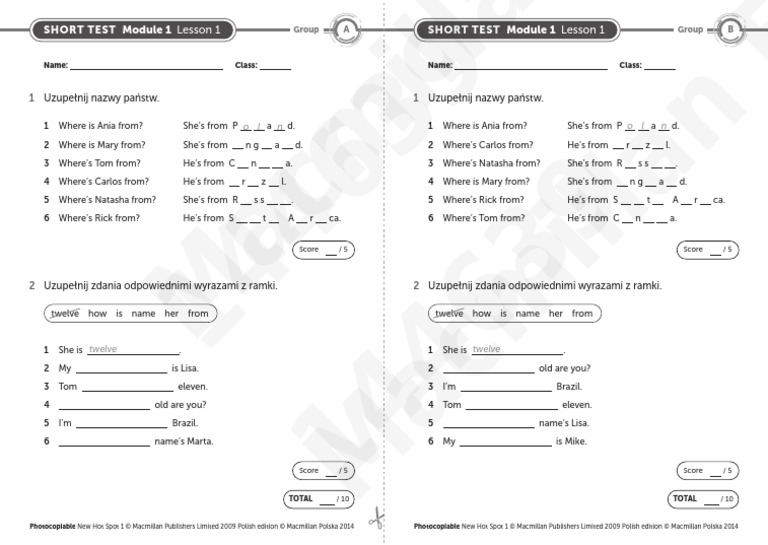 Test Z Angielskiego Klasa 4 New Hot Spot New Hot Spot 1 Module 1 Short Test Lesson 1 | PDF