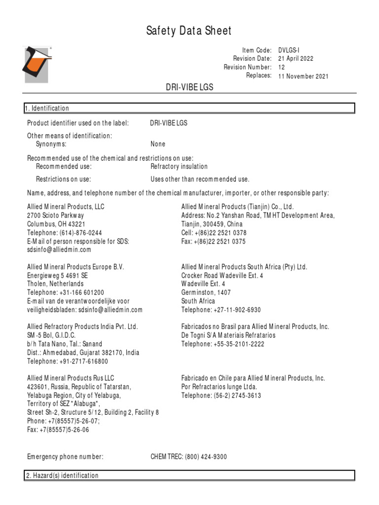 DRI-VIBE LGS Safety Data Sheet | PDF | Silicon Dioxide | Chemistry