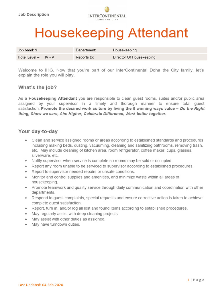 Job Description HK Attendant PDF Housekeeping Business