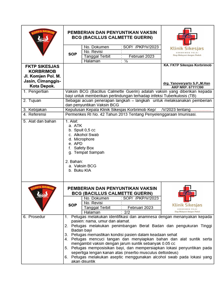 SOP IMUNISASI BCG | PDF
