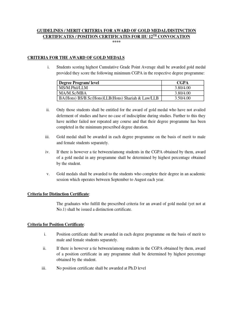 Gold Medal Criteria PDF Academic Degree Vocational Education