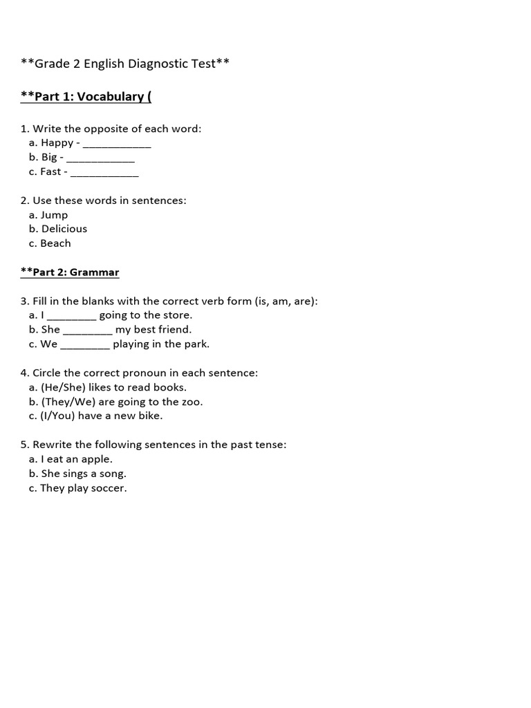 Grade 2 English Diagnostic Test | PDF | Spelling | Phoneme