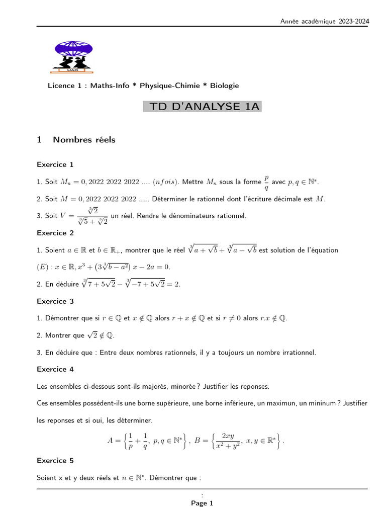 TD Analyse 1 : Exercices Corrigés | PDF | Algèbre générale | Analyse ...