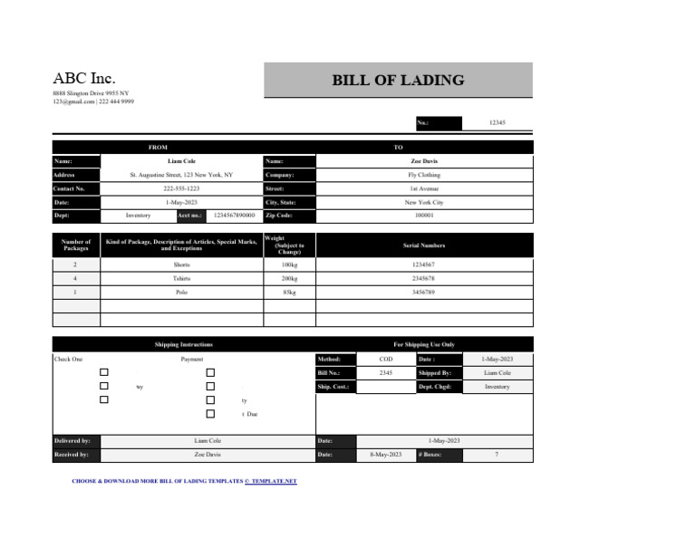 Bill of Lading Template | PDF | Cargo | Freight Transport