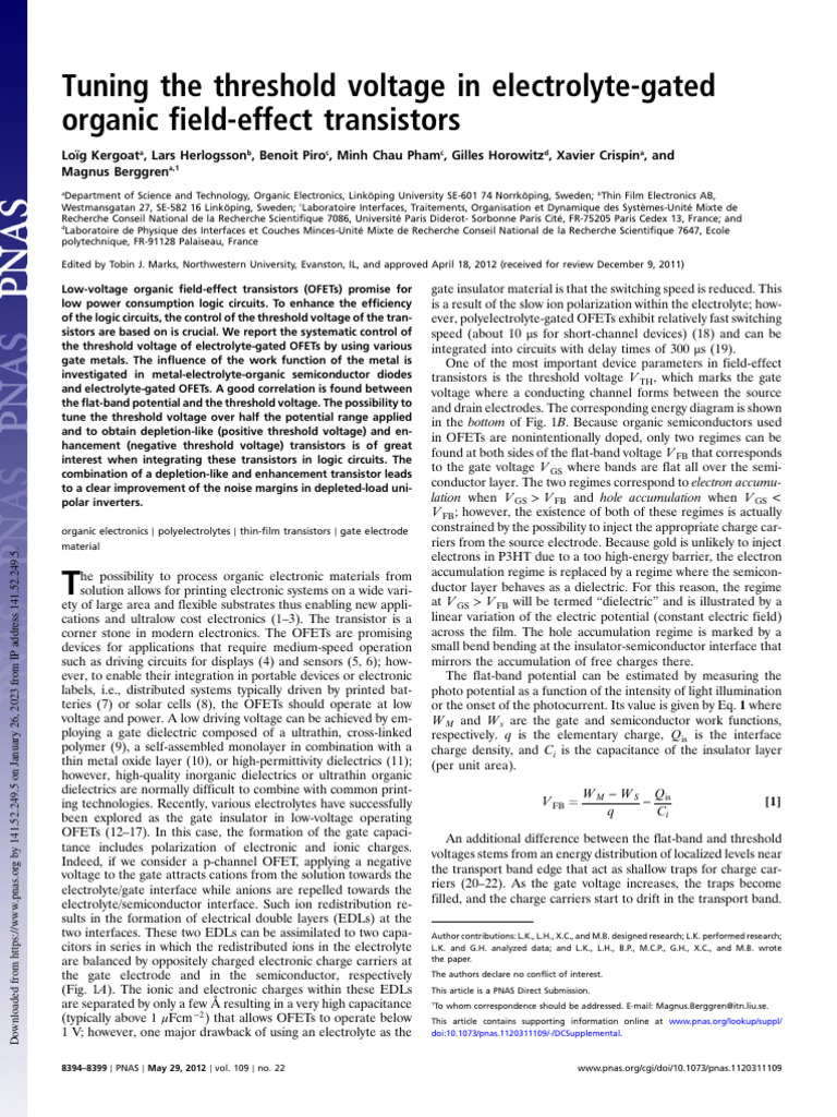 Tuning The Threshold Voltage in ElectrolyteGated Transistor PDF Field Effect Transistor