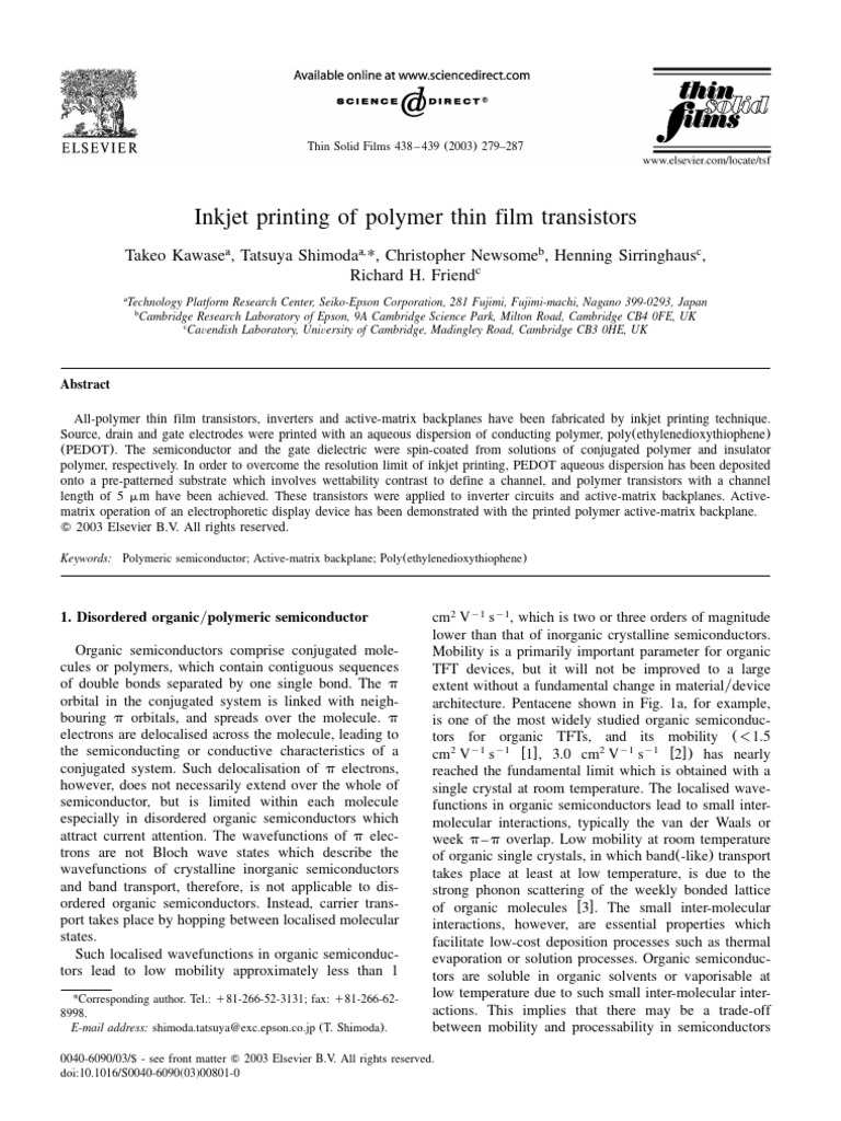 Inkjet Printing of Polymer Thin Film Transistors | PDF | Field Effect ...