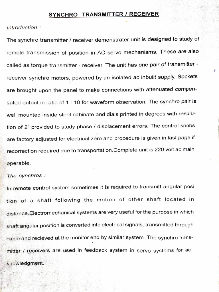 Experiment 2 Synchro Transmitter Receiver PDF Electric Motor